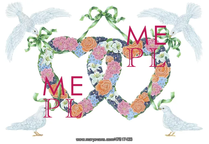 : Two hearts of flowers with ribbons and doves : Two hearts of flowers with ribbons and doves