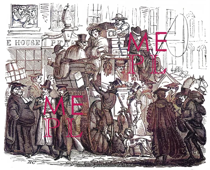 : Heavily-laden and crowded coach, c.1820 : Heavily-laden and crowded coach, c.1820