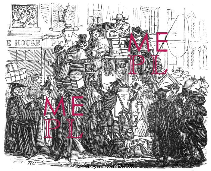 : Heavily-laden and crowded coach, c.1820 : Heavily-laden and crowded coach, c.1820