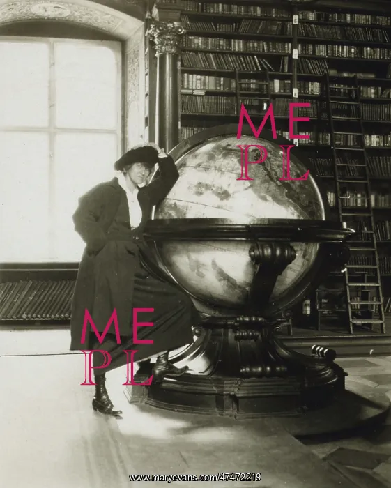 : Helen Johns Kirtland leaning on a globe : Helen Johns Kirtland leaning on a globe