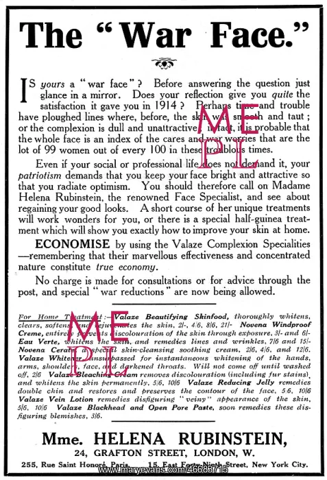 : Helena Rubinstein advert, The War Face, WW1 : Helena Rubinstein advert, The War Face, WW1