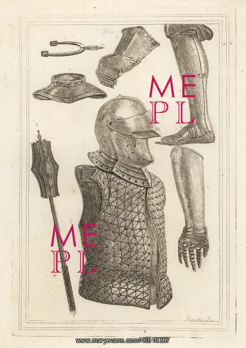 : Helmet, gauntlet, gorget, mace, and prick spur : Helmet, gauntlet, gorget, mace, and prick spur