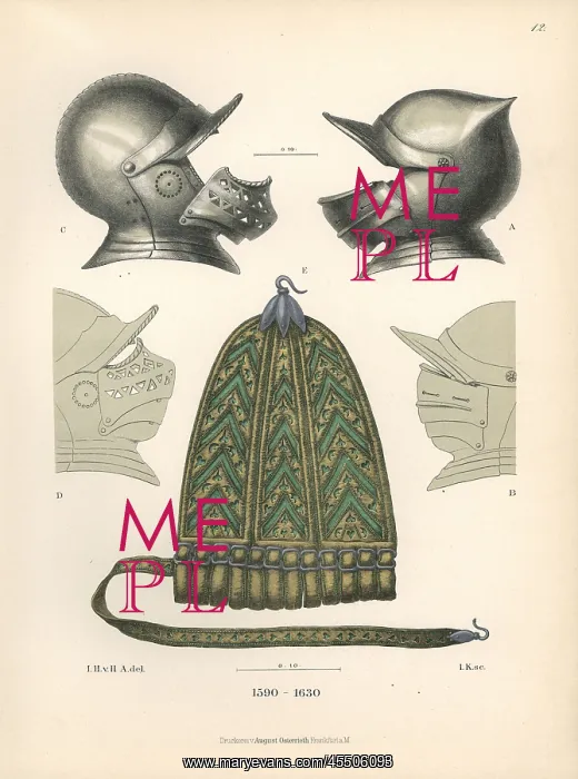 : Helmets with vizors and sword-clasp in brown : Helmets with vizors and sword-clasp in brown