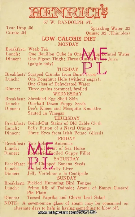 : Henrici's Low Calorie Diet menu : Henrici's Low Calorie Diet menu