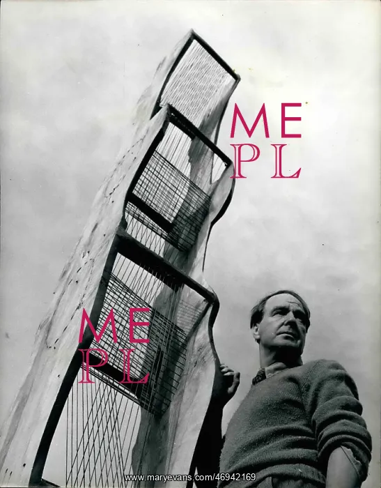 : Henry Moore, sculptor, with one of his sculptures : Henry Moore, sculptor, with one of his sculptures