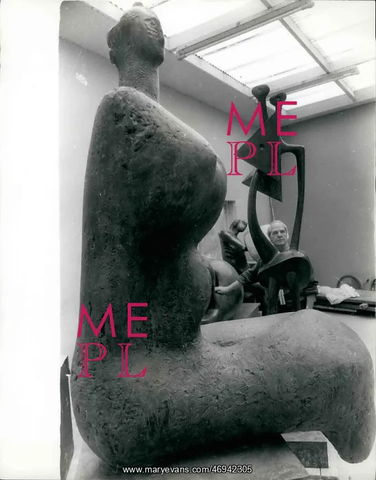 : Henry Moore, sculptor, with some of his works : Henry Moore, sculptor, with some of his works