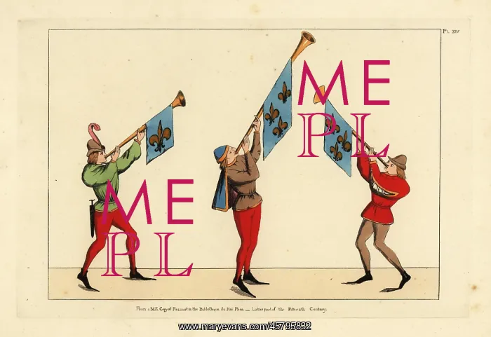 : Three heralds with trumpets adorned with fleur-de-lis : Three heralds with trumpets adorned with fleur-de-lis