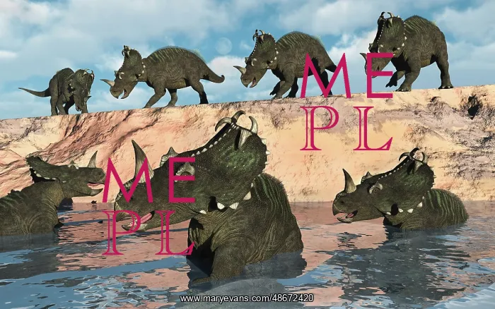 : A herd of Centrosaurus dinosaurs crossing a river : A herd of Centrosaurus dinosaurs crossing a river