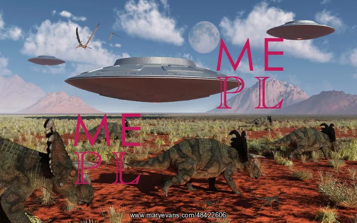 : A herd of Centrosaurus dinosaurs walk past a group of UFO's : A herd of Centrosaurus dinosaurs walk past a group of UFO's