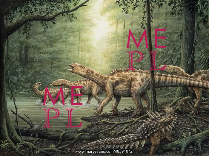 : Herd of Iguanodon dinosaurs in forest, with an : Herd of Iguanodon dinosaurs in forest, with an