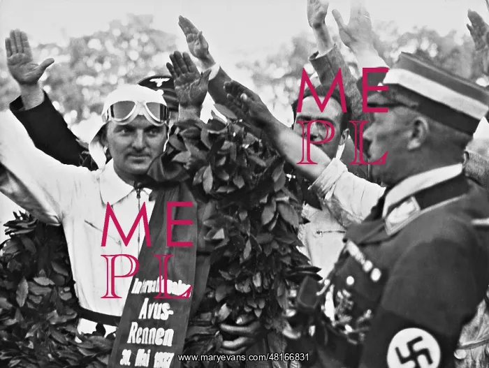 : Hermann Lang with a victory wreath, 1937 : Hermann Lang with a victory wreath, 1937