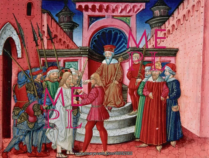 : Herod interrogates Jesus. Codex of Predis (1476). Italy : Herod interrogates Jesus. Codex of Predis (1476). Italy