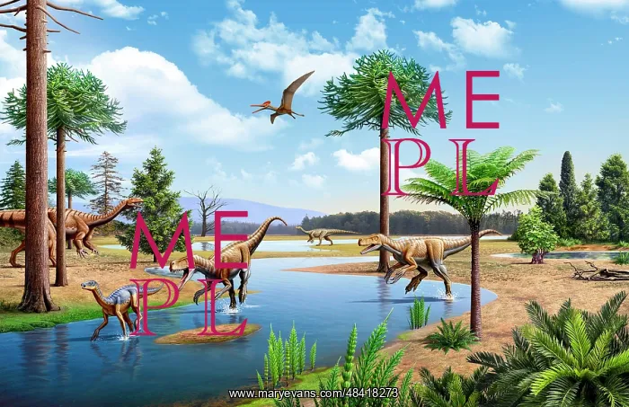 : Two Herrerasaurus dinosaurs chasing a Silesaurus down a ? : Two Herrerasaurus dinosaurs chasing a Silesaurus down a ?