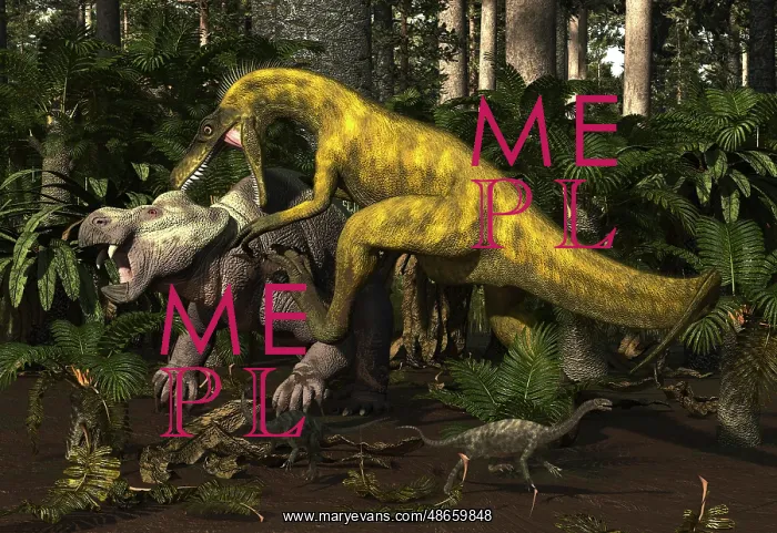 : Herrerasaurus, an early dinosaur, attacks a dicynodont : Herrerasaurus, an early dinosaur, attacks a dicynodont