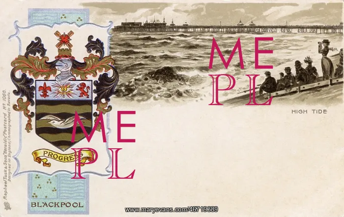 : Hide Tide on Blackpool Beach with Pier and Coat of Arms : Hide Tide on Blackpool Beach with Pier and Coat of Arms