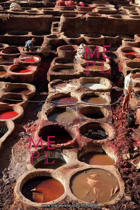 : Fez. High angle view of vats, Chouara tannery : Fez. High angle view of vats, Chouara tannery