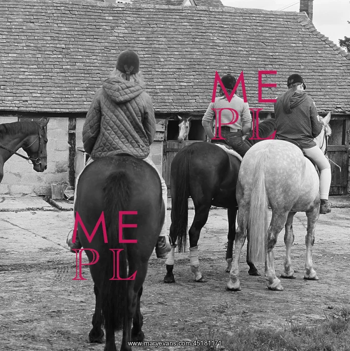 : HILL FARM. Three girls on horses moving away from the camera towards stables : HILL FARM. Three girls on horses moving away from the camera towards stables