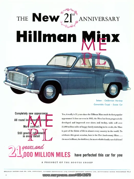 : Hillman Minx car advertisement, 1953 : Hillman Minx car advertisement, 1953
