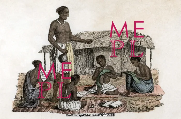 : Hindu schoolmaster overseeing four boy pupils. 1822 : Hindu schoolmaster overseeing four boy pupils. 1822