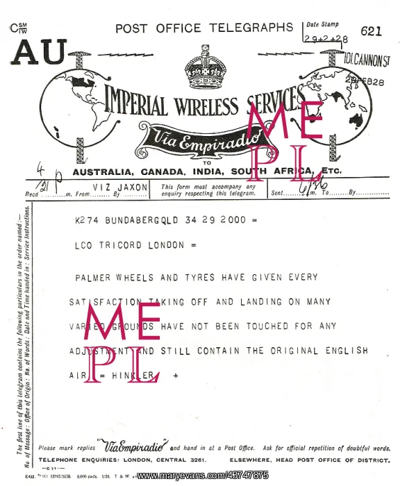 : Hinkler's Congratulatory Telegram To Palmer : Hinkler's Congratulatory Telegram To Palmer