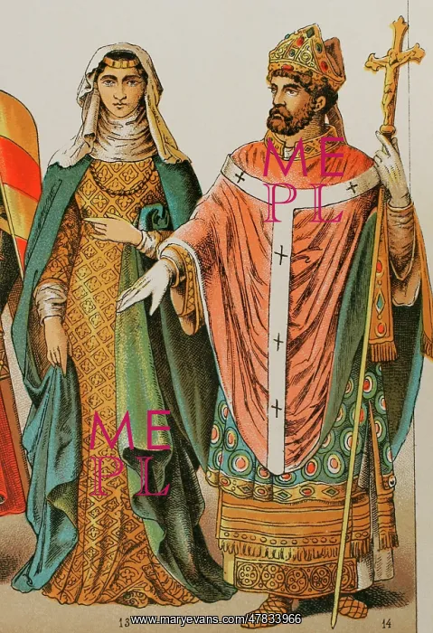 : History of England, 1200. Lady and bishop. Chromolithography : History of England, 1200. Lady and bishop. Chromolithography