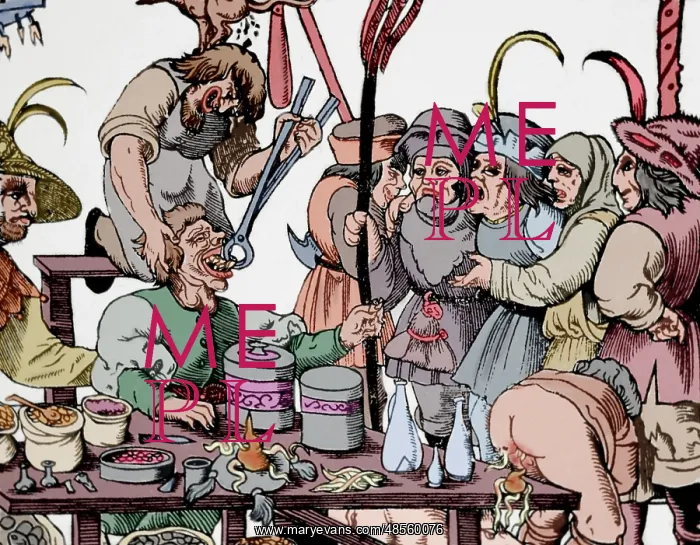 : History of medicine. Dentist. Middle Ages. Satire. Engraving : History of medicine. Dentist. Middle Ages. Satire. Engraving