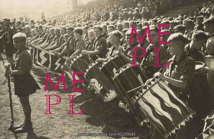 : Hitler Youth drum corps at a rally. Their drums : Hitler Youth drum corps at a rally. Their drums