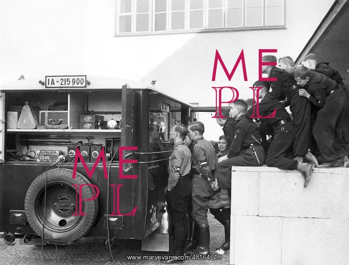 : Hitler Youth members at an outside broadcasting van of the B : Hitler Youth members at an outside broadcasting van of the B