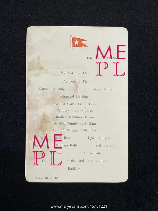 : HMHS Britannic breakfast menu : HMHS Britannic breakfast menu