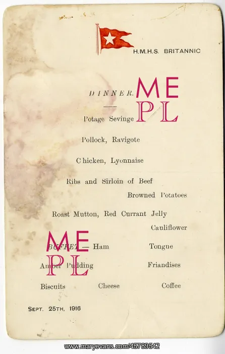 : HMHS Britannic - dinner menu, WW1 : HMHS Britannic - dinner menu, WW1