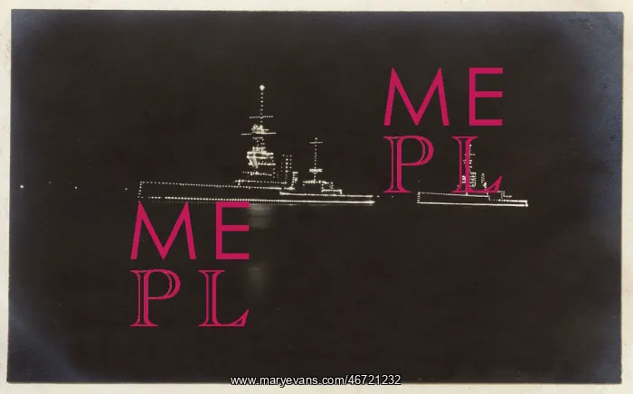 : HMS Marlborough and HMS Ajax illuminated at night : HMS Marlborough and HMS Ajax illuminated at night