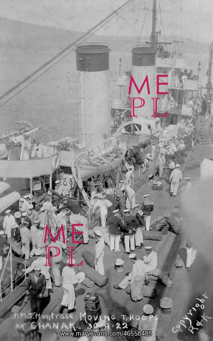 : HMS Montrose at Canakkale - troops in transit : HMS Montrose at Canakkale - troops in transit