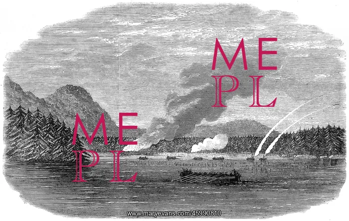 : HMS Sutlej and HMS Devastation attacking an Indian villa : HMS Sutlej and HMS Devastation attacking an Indian villa