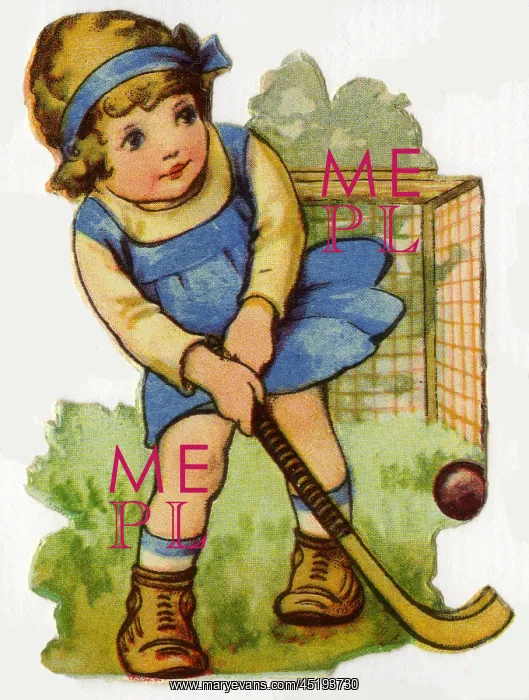 : Hockey. Artist: Ada Leonora Bowley. Young girl with hockey stick plays the ball : Hockey. Artist: Ada Leonora Bowley. Young girl with hockey stick plays the ball