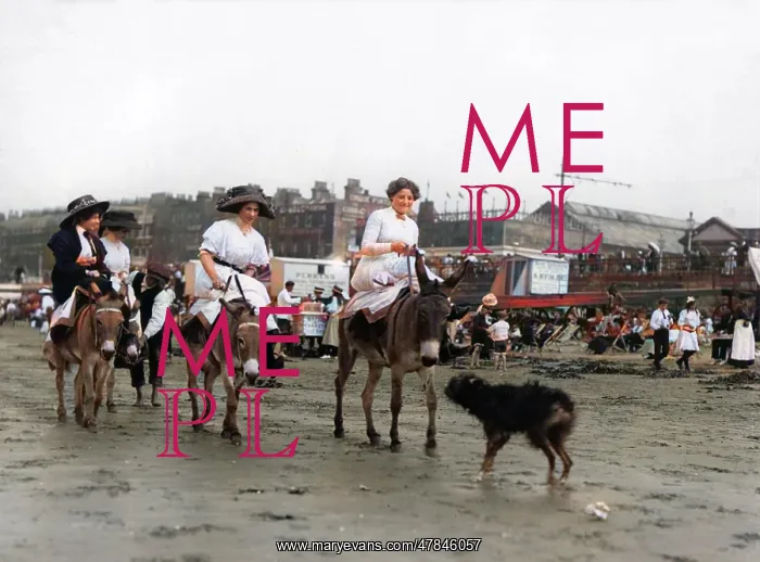 : Holidaymakers riding donkeys on a beach : Holidaymakers riding donkeys on a beach