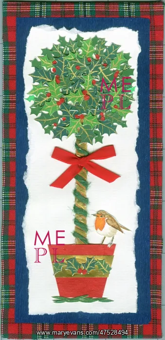 : Holly tree in a Christmas pot with a robin : Holly tree in a Christmas pot with a robin