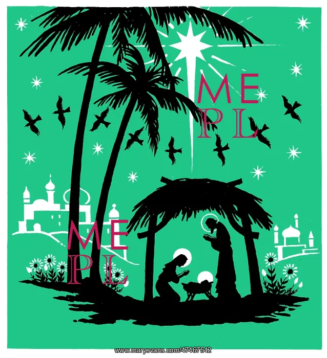 : The Holy Stable with palm trees and birds : The Holy Stable with palm trees and birds