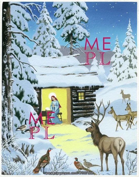 : Holy Stable in snow with deer : Holy Stable in snow with deer