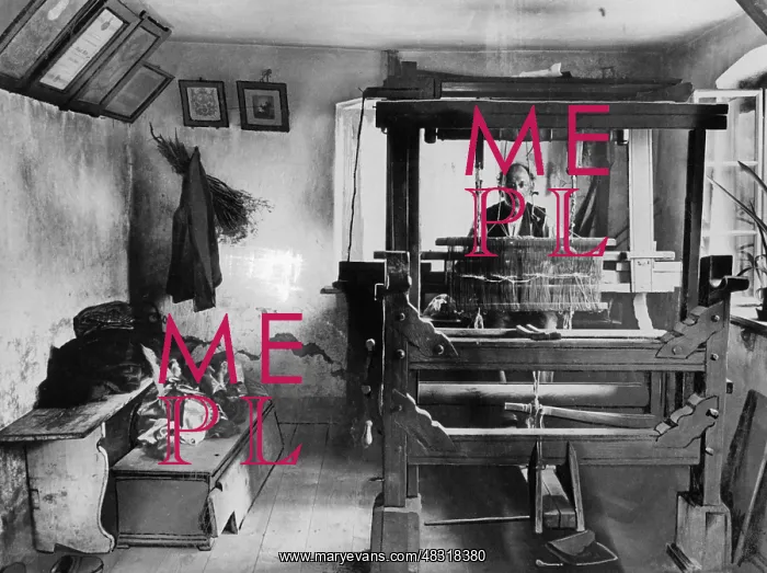: Home weaver with loom, 1880 : Home weaver with loom, 1880