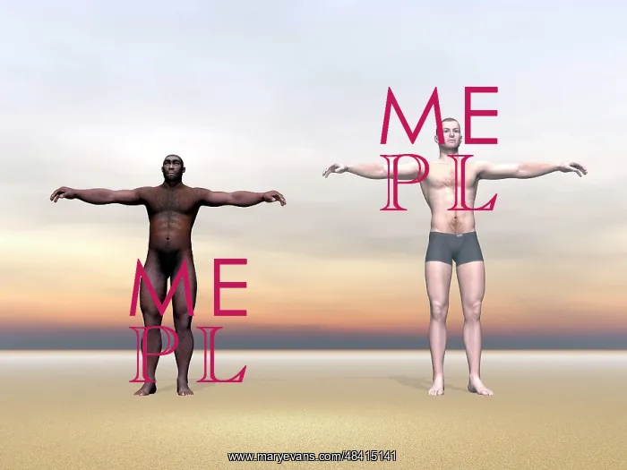 : Homo Erectus man next to modern human being : Homo Erectus man next to modern human being