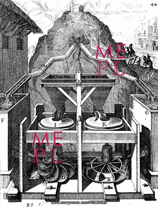 : Two horizontal water wheels, the left with highly : Two horizontal water wheels, the left with highly