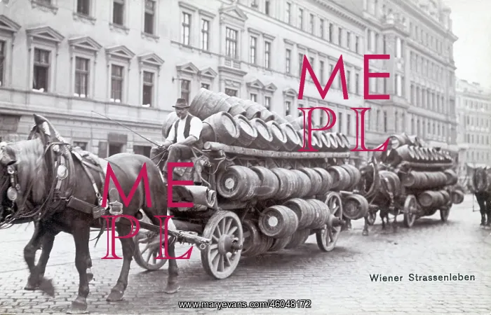 : Two hors-drawn carriages with beer-barrels : Two hors-drawn carriages with beer-barrels