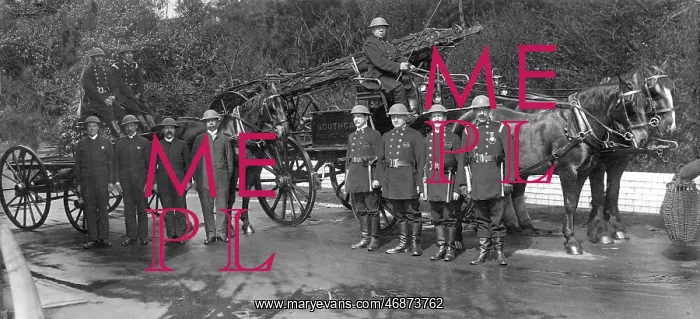 : Horse-drawn fire engine with crew, Southgate, North London : Horse-drawn fire engine with crew, Southgate, North London