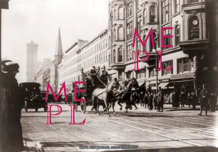 : Horse-drawn fire engines in street, on their ? : Horse-drawn fire engines in street, on their ?