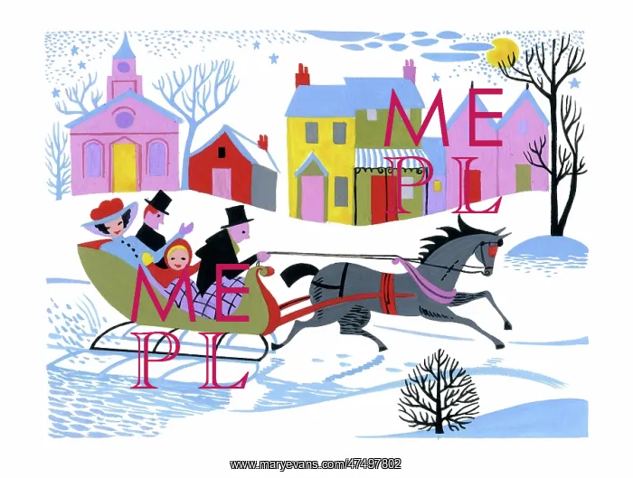 : Horse-drawn sleigh passing through village : Horse-drawn sleigh passing through village