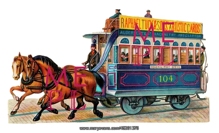 : Horse-drawn tram on a Victorian scrap : Horse-drawn tram on a Victorian scrap