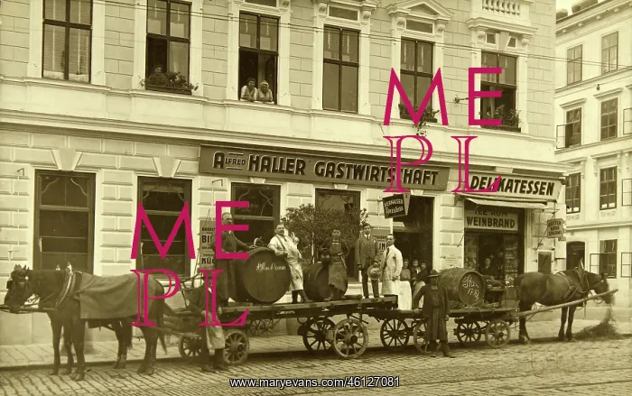 : Horse-drawn wagons with barrels in front : Horse-drawn wagons with barrels in front