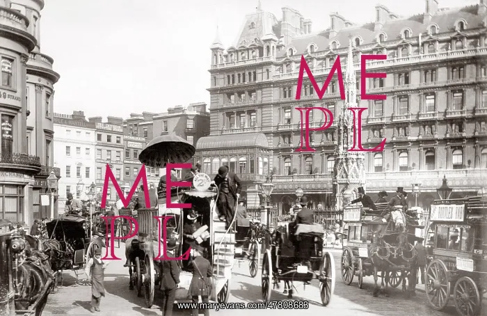 : Horses, carriages, Charing Cross Hotel, London, c.1880's : Horses, carriages, Charing Cross Hotel, London, c.1880's
