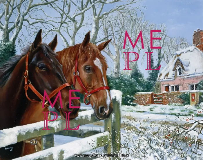 : Two Horses and Cottage in Snow : Two Horses and Cottage in Snow