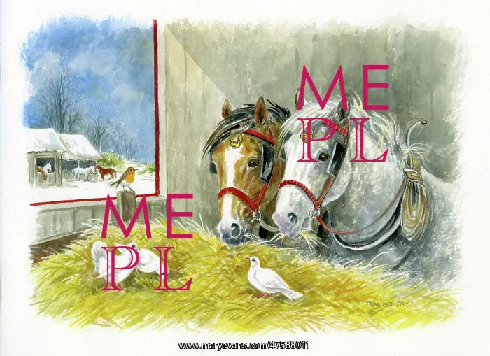 : Two horses eating hay with three doves : Two horses eating hay with three doves